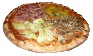 Pizza capricciosa z szynką, karczochami, pieczarkami i papryką.