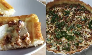 Dwa ciasta do tarty wytrawnej: jedno z serem i orzechami, drugie z serem feta i grzybami, posypane natką pietruszki.