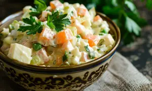 Sałatka jarzynowa w misce, pełna warzyw i sosu. Zastanawiasz się, ile kcal ma sałatka jarzynowa?