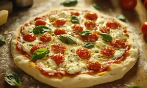 Pyszna pizza z pomidorkami, mozzarellą i bazylią. Idealny przykład, jak przygotować pizzę w domowym zaciszu.