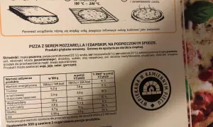 Tabela wartości odżywczych dla pizzy Margherita, z informacją o kaloriach i składnikach.