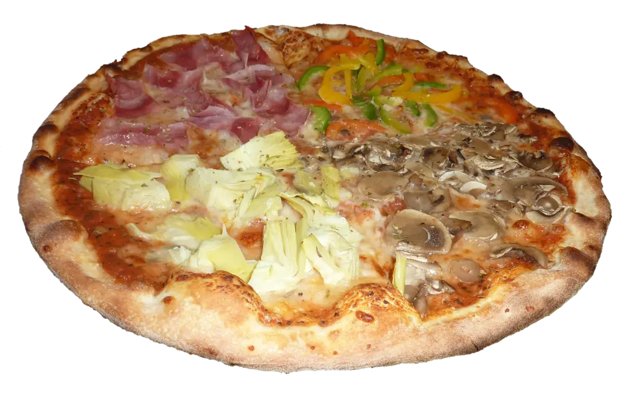 Pizza capricciosa z szynką, karczochami, pieczarkami i papryką.