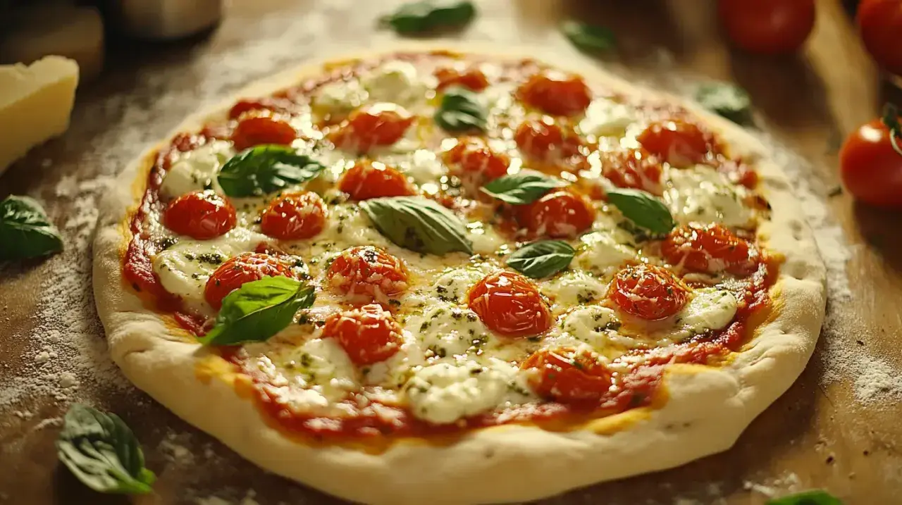 Pyszna pizza z pomidorkami, mozzarellą i bazylią. Idealny przykład, jak przygotować pizzę w domowym zaciszu.