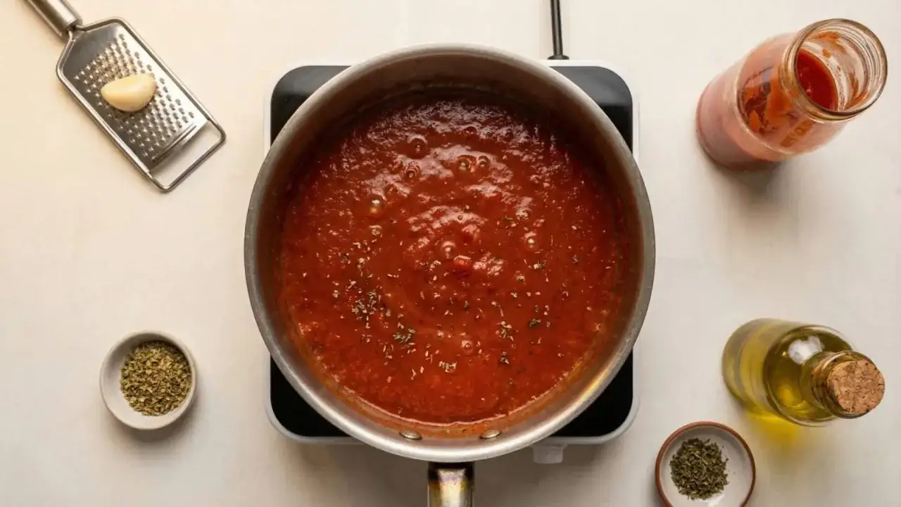 Gotowe składniki na pizzę domową: bulgoczący sos pomidorowy, czosnek, oliwa, oregano.