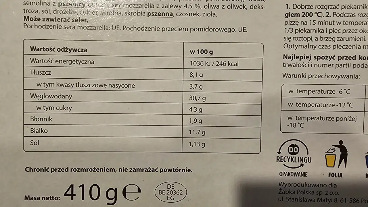 Tabela wartości odżywczych pizzy Margherita: 246 kcal w 100g.