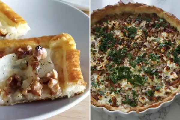 Dwa ciasta do tarty wytrawnej: jedno z serem i orzechami, drugie z serem feta i grzybami, posypane natką pietruszki.