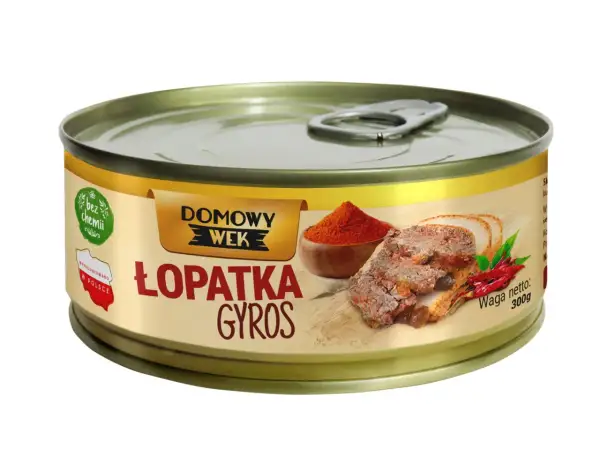Puszka Łopatka Gyros. Zastanawiasz się, ile może stać gyros w lodowce? Ten produkt jest gotowy do spożycia.
